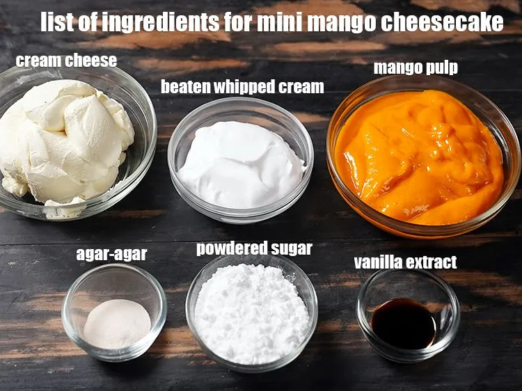 Step 3 – <u><em>See the below image of list of ingredients for making <strong>mini mango cheesecake.</strong></em></u>