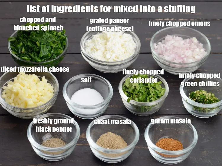 Step 3 – <strong>To Be Mixed Into A Stuffing</strong>: 1&frac34; cups grated paneer (cottage cheese), &frac12; cup chopped …