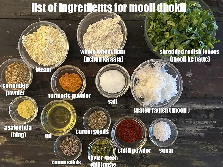 Step 2 – <u><em>what is mooli dhokli made of ?</em></u><strong> See below image of list of ingredients for&nbsp;mooli …