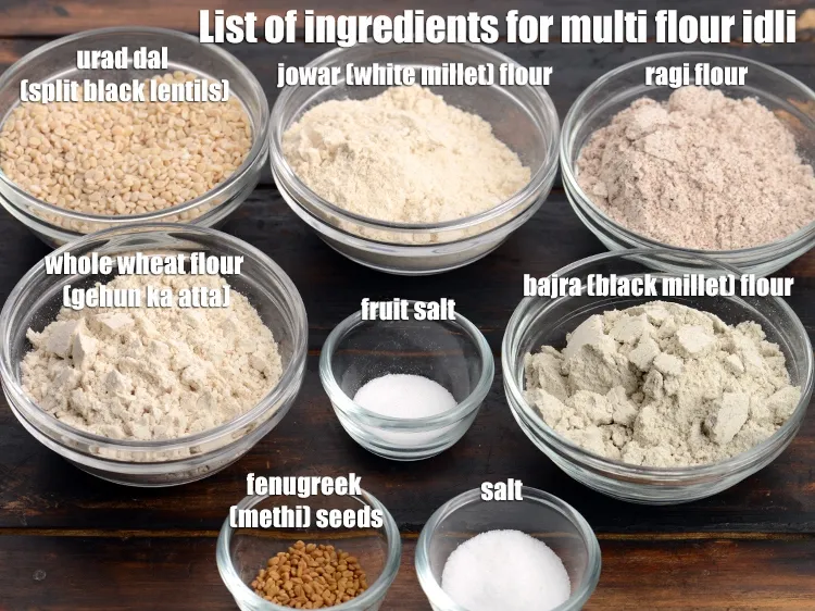 Step 2 – <strong>Multi flour idli&nbsp;</strong>is made of&nbsp;1/2 cup&nbsp;<a href="https://www.tarladalal.com/glossary-urad-dal-split-black-lentil-941i">urad dal (split black lentils)</a>,&nbsp;1 tsp&nbsp;<a href="https://www.tarladalal.com/glossary-fenugreek-seeds-methi-dana-methi-ke-dane-methi-seeds-991i">fenugreek (methi) seeds</a>,&nbsp;1/2 …