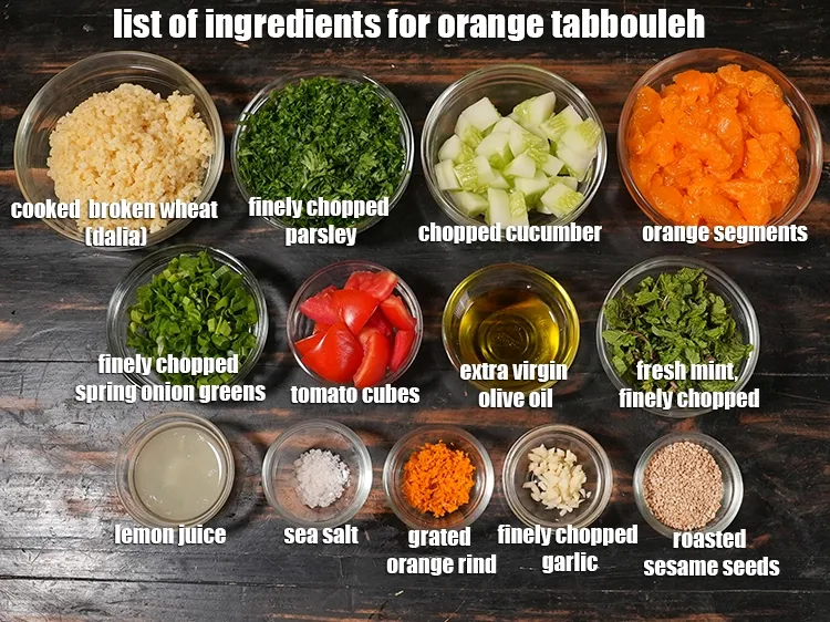 Step 2 – <strong>what is orange tabbouleh made of ? </strong><u><em>See below image of list of ingredients for&nbsp;orange …