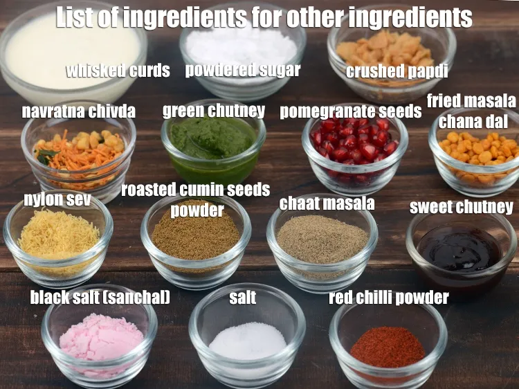 Step 5 – <strong>Other ingredients</strong>: 20 tbsp navratna chivda, 5 cups whisked curds, 5 tbsp powdered sugar, 20 …