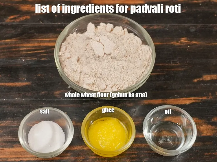 स्टेप 2 – <strong>पडवाली रोटी की सामग्री सूची।</strong>१ कप&nbsp;<a href=""https://www.tarladalal.com/glossary-whole-wheat-flour-gehun-ka-atta-gehun-ka-aata-hindi-429i"">गेहूं का आटा</a>,१ टी-स्पून&nbsp;<a …