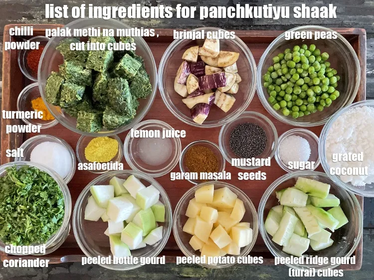 Step 2 – <strong>what is panchkutiyu shaak made of ?</strong> <u><em>See below image of list of ingredients for&nbsp;panchkutiyu …