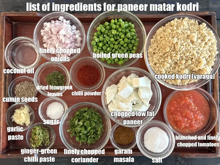 Step 2 – <strong>what is paneer matar kodri made of ? </strong><u><em>See below image of list of ingredients …