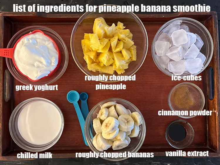Step 2 – <strong>what is pineapple banana smoothie made of ? </strong><u><em>See below image of list of ingredients …