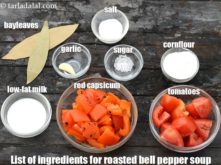Step 2 – <strong>Roasted red capsicum and tomato soup&nbsp;</strong>is made from 2 whole <a href="https://www.tarladalal.com/glossary-red-capsicum-red-bell-pepper-laal-shimla-mirch-172i">red capsicum</a>, 4 medium …