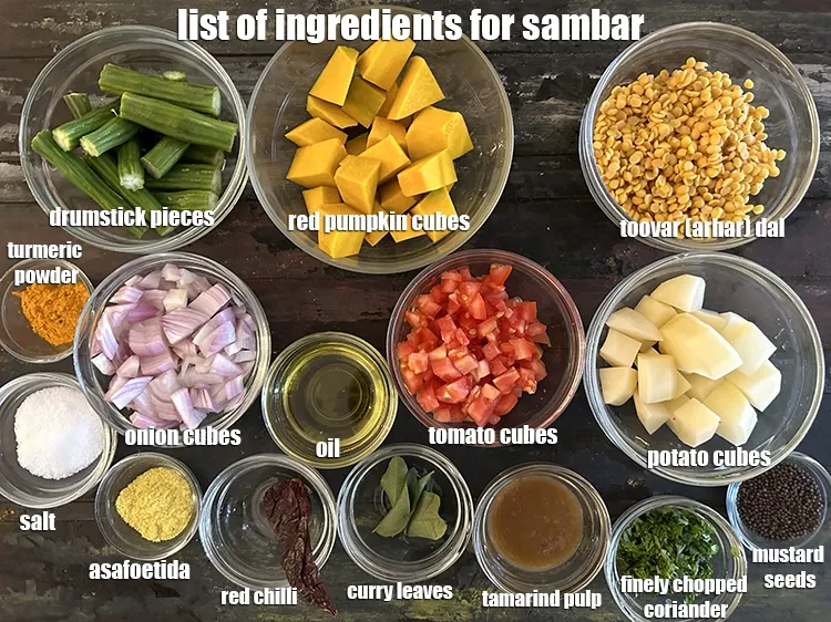 Step 3 – <u><em>See below image of list of ingredients for sambar&nbsp;recipe.&nbsp;</em></u>