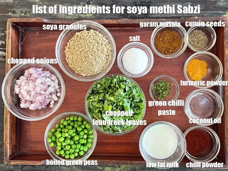 Step 2 – <strong>what is soya methi sabzi made of ?</strong> <u><em>See below image of list of ingredients …