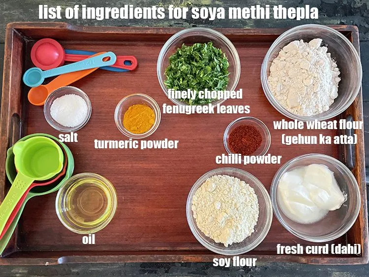 Step 2 – <strong>what is soya methi thepla made of ?</strong> <u><em>See below image of list of ingredients …