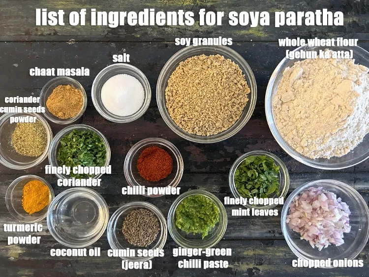 Step 2 – <strong>what is soya paratha made of ? </strong><u><em>See below image of list of ingredients for …