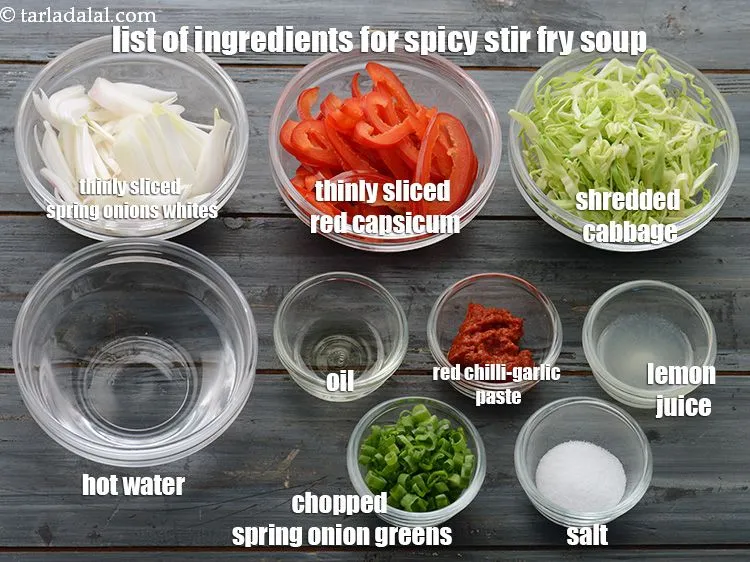 Step 2 – Spicy stir fry soup is made of&nbsp;3&nbsp;<a href="https://www.tarladalal.com/glossary-whole-dry-kashmiri-red-chillies-kashmiri-mirch-kashmiri-lal-mirch-332i">whole dry kashmiri red chillies</a>&nbsp;, broken into pieces,&nbsp;4&nbsp;<a …