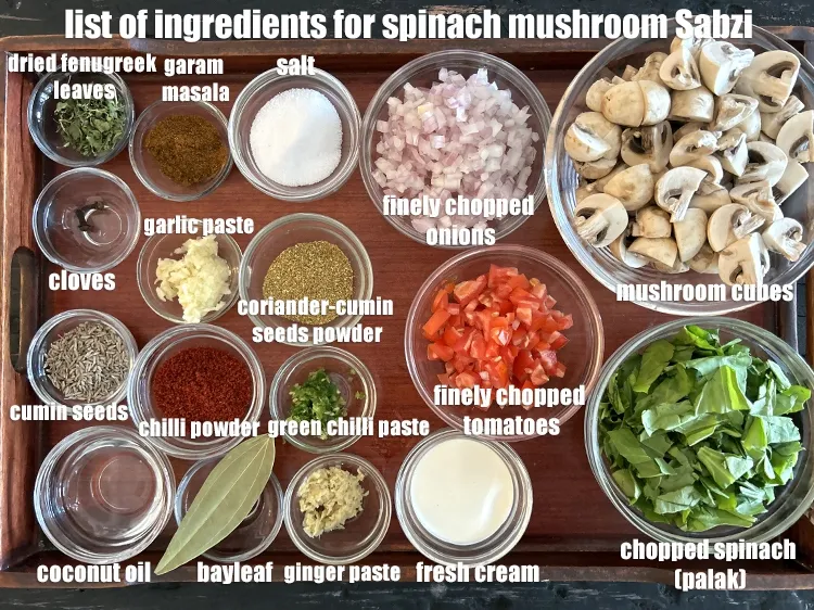 Step 2 – <strong>what is spinach mushroom sabzi made of ?</strong> <u><em>See below image of list of ingredients …
