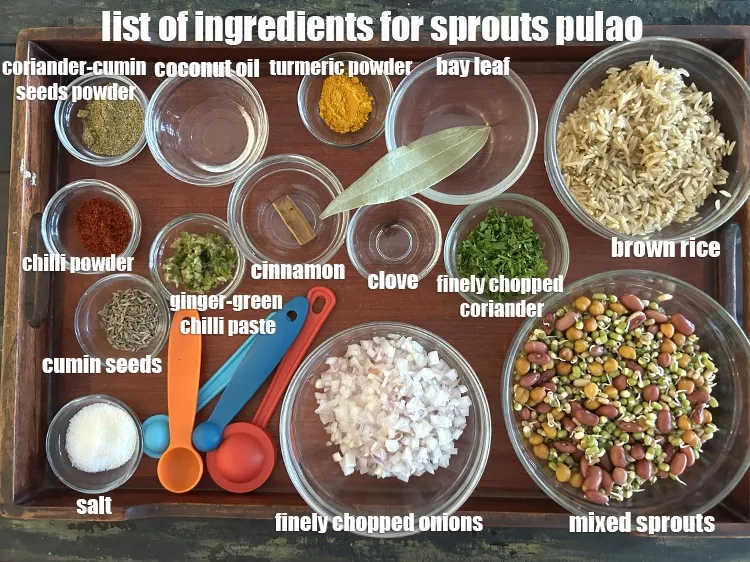 Step 2 – <strong>what is sprouts pulao made of ?</strong> <u><em>See below image of list of ingredients for …