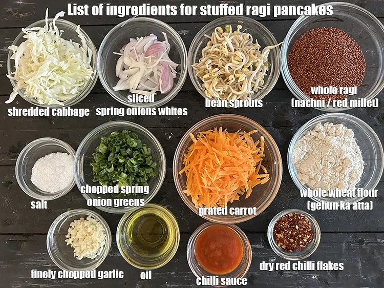Step 2 – <strong>what is stuffed ragi pancakes made of ?</strong><u><em> See below image of list of ingredients …