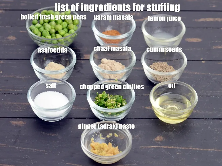 Step 3 – <strong>For the stuffing</strong>: 1 1/2 cups boiled fresh green peas, 2 tsp roughly chopped green …