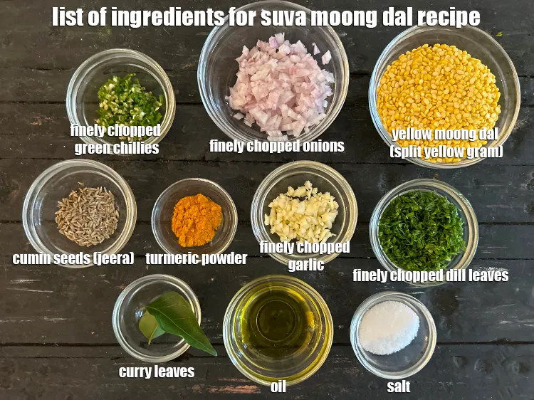 Step 2 – <strong>what is suva moong dal recipe made of ? </strong><u><em>See below image of list of …