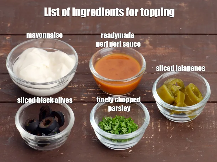 Step 4 – <strong>For the topping</strong>: 1 tbsp mayonnaise, 1 tsp readymade peri peri sauce, 1 tsp finely …