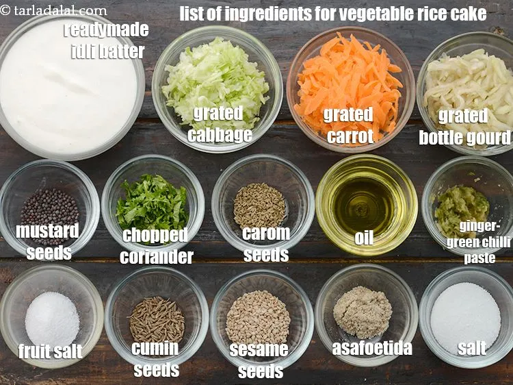 Step 2 – <strong>Vegetable rice cake using idli batter </strong>is made of&nbsp;1 cup&nbsp;readymade&nbsp;<a href="https://www.tarladalal.com/glossary-idli-batter-1874i">idli batter</a>,&nbsp;1/4 cup&nbsp;<a href="https://www.tarladalal.com/glossary-grated-cabbage-860i">grated cabbage</a>,&nbsp;1/4 …