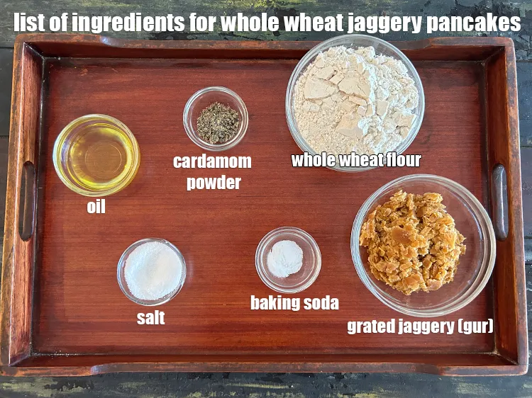 स्टेप 2 – <u><strong>व्हीट फ्लोर जैगरी पैन्केक&nbsp;</strong>रेसिपी के लिए सामग्री की सूची के …