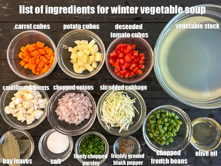 Step 2 – <strong>what is winter vegetable soup &nbsp;made of ?</strong> <u><em>See below image of list of ingredints …