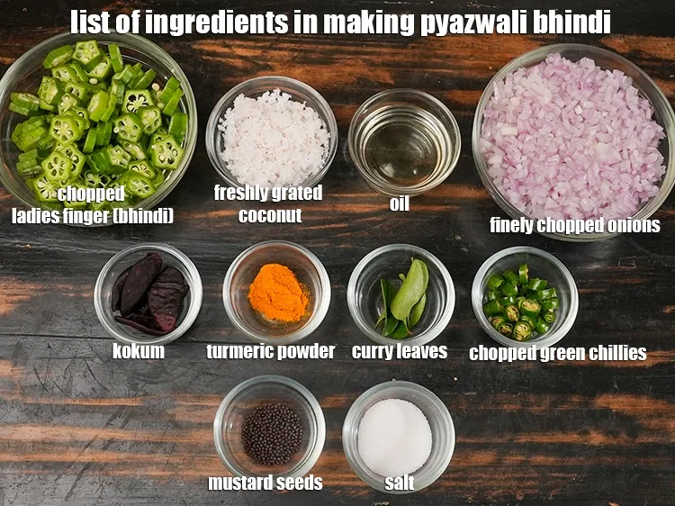 Step 2 – <u><em>See the below image of list of ingredients in making pyazwali bhindi recipe.</em></u>