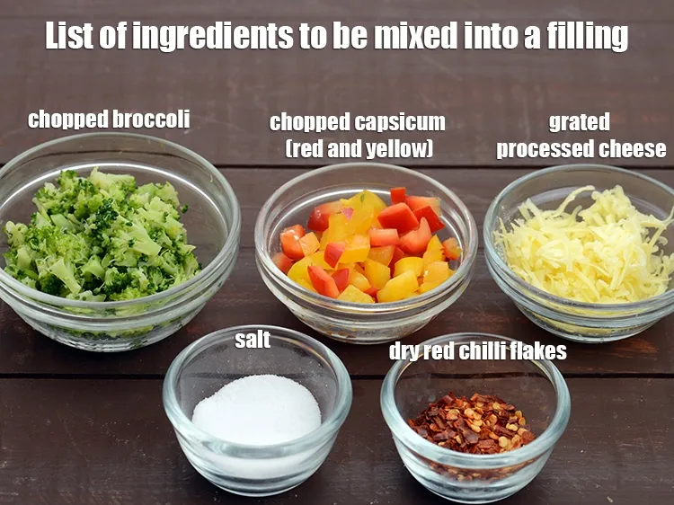 Step 3 – <strong>To Be Mixed Into A Filling</strong>: 2 cups blanched and chopped broccoli, 1 cup chopped …