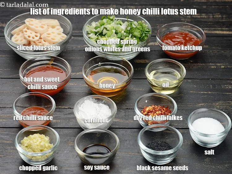 Step 2 – See the below image of list of ingredients to make <strong>honey chilli lotus stem</strong>.