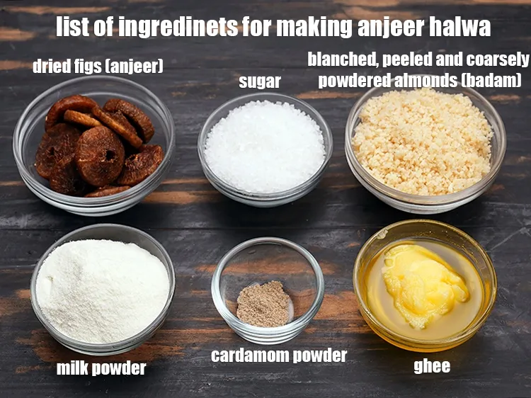 Step 2 – <u><em>See the below image of list of ingredinets for making anjeer halwa.</em></u>