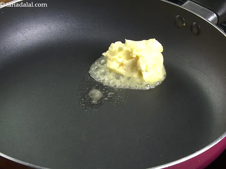 Step 8 – To prepare <strong>macaroni in a hurry</strong>, heat the butter in a broad non-stick pan.