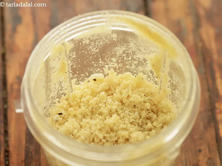 Step 6 – Blend the roasted lotus seeds to a coarse powder. Keep aside.