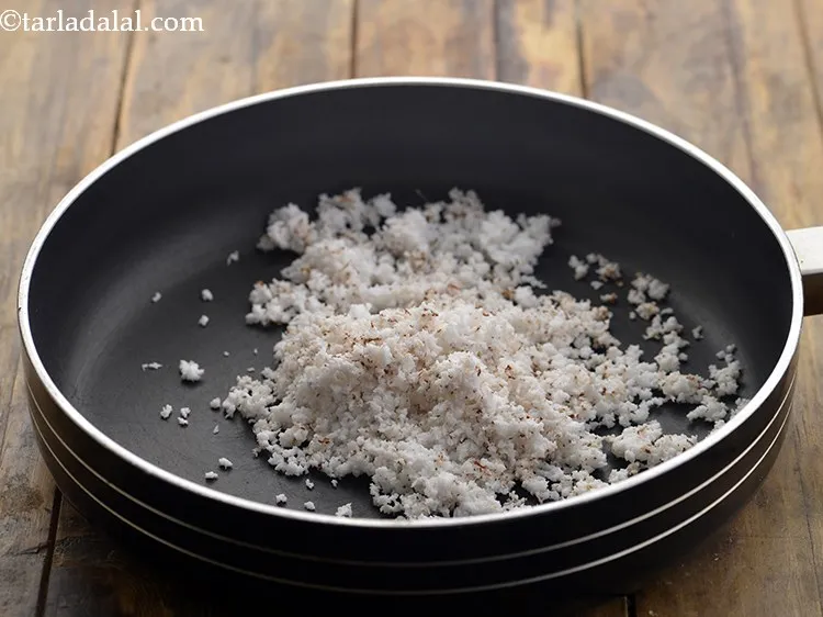 Step 2 – For making the paste for <strong>South Indian vegetable curry</strong>, heat a broad non-stick pan, add …