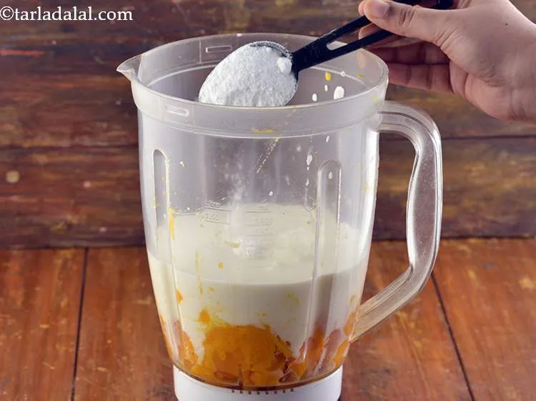 Step 8 – Add the sugar to sweeten the <strong>Mango Lassi</strong>. You can also add about &frac14; tsp …