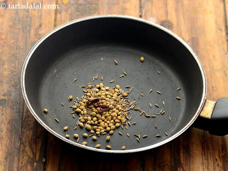 Step 2 – To prepare masala (dry spice-mix) for <strong>Maharashtrian masala bhaat</strong>, in a broad non-stick pan take …