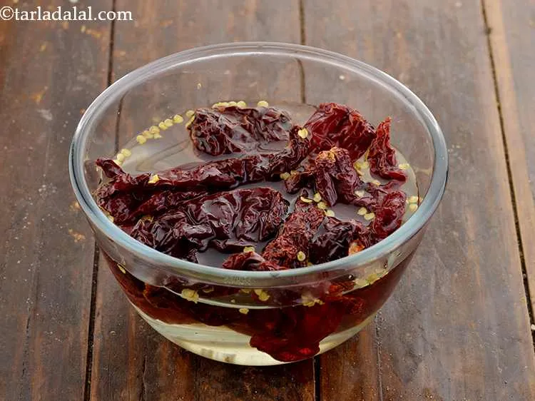 Step 2 – Soak around 12-15 whole red chillies in enough hot water for atleast 30 minutes.