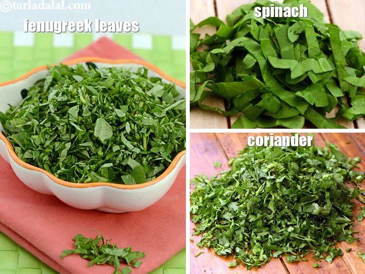 Step 23 – Add 2 cups chopped greens (<a href="https://www.tarladalal.com/glossary-fenugreek-leaves-methi-methi-leaves-methi-ke-patte-methi-ki-bhaji-373i">fenugreek leaves</a>&nbsp;,&nbsp;<a href="https://www.tarladalal.com/glossary-garlic-bread-225i">spinach</a>&nbsp;,&nbsp;<a href="https://www.tarladalal.com/glossary-coriander-dhania-kothmir-369i">coriander</a>).