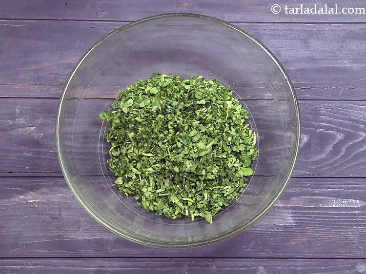 Step 3 – Wash and chop the methi leaves. Add 1 cup&nbsp;finely&nbsp;<a href="https://www.tarladalal.com/glossary-chopped-fenugreek-811i">chopped fenugreek (methi)</a> in a deep …
