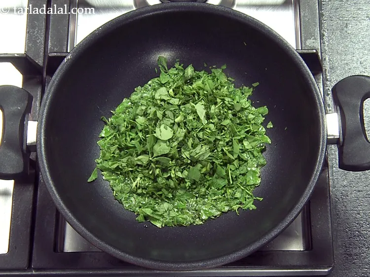 Step 46 – Add 1 1/4 cups&nbsp;<a href="https://www.tarladalal.com/glossary-chopped-fenugreek-811i">chopped fenugreek (methi) leaves</a>. Remember to wash the leaves and chop …