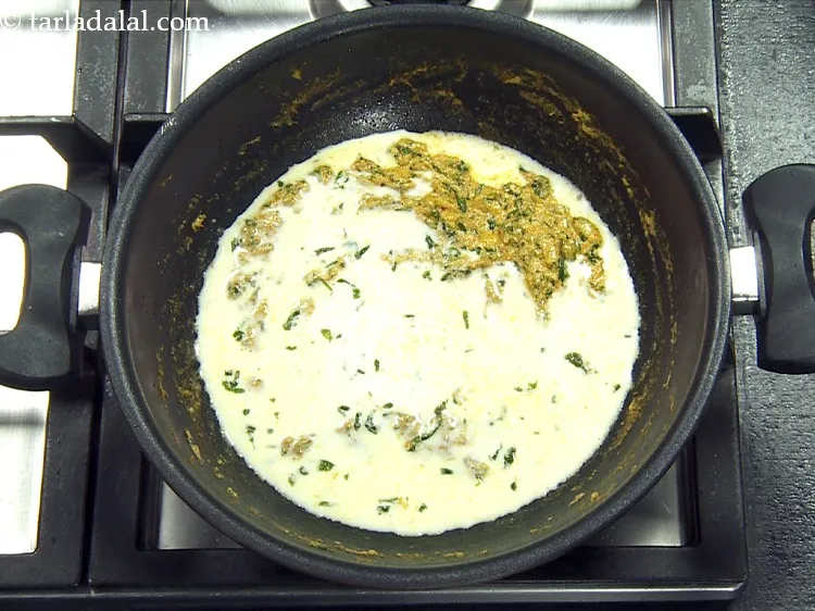 Step 55 – Add 1/2 cup&nbsp;<a href="https://www.tarladalal.com/glossary-milk-doodh-full-fat-milk-buffalo-milk-full-cream-milk-514i">milk</a>. This will help to get the necessary consistency of <strong>methi malai …
