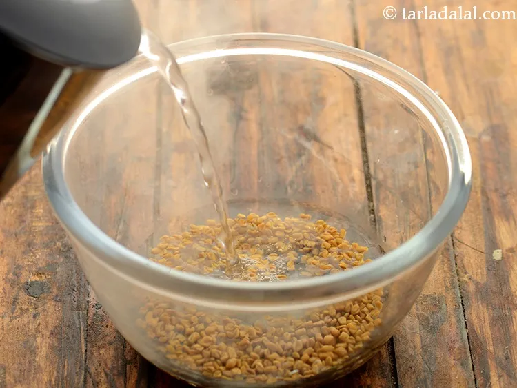 Step 1 – To prepare <strong>Rajasthani methi papad ki sabji</strong>, soak the fenugreek seeds in enough hot water …