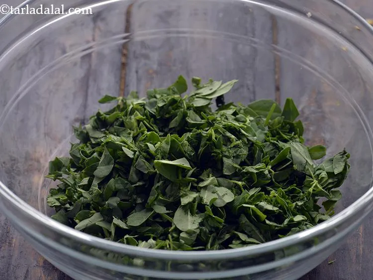 Step 3 – Wash and chop the fenugreek leaves. Add them into a deep bowl.&nbsp;Methi leaves are&nbsp;<a href="https://www.tarladalal.com/recipes-for-Healthy-Low-Calorie-Weight-Loss-383">low …