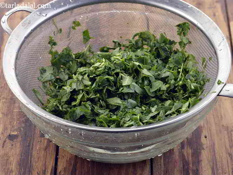 Step 2 – Methi leaves have lot of dirt in them. So remember to wash them well before …