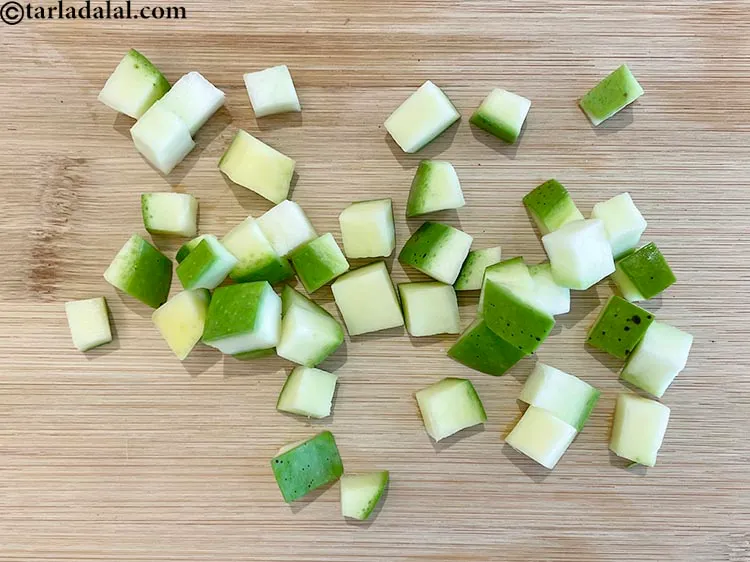 Step 28 – The raw mango cubes in this recipe are unpeeled.