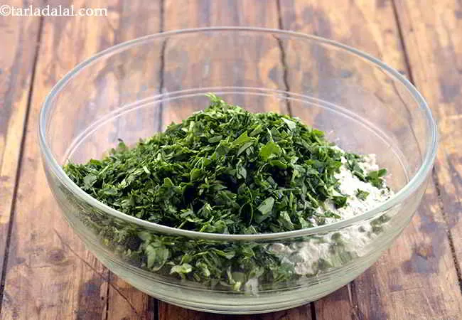 Step 3 – Add the finely chopped fenugreek (methi). You can also add kasoori methi or dreid fenugreek …