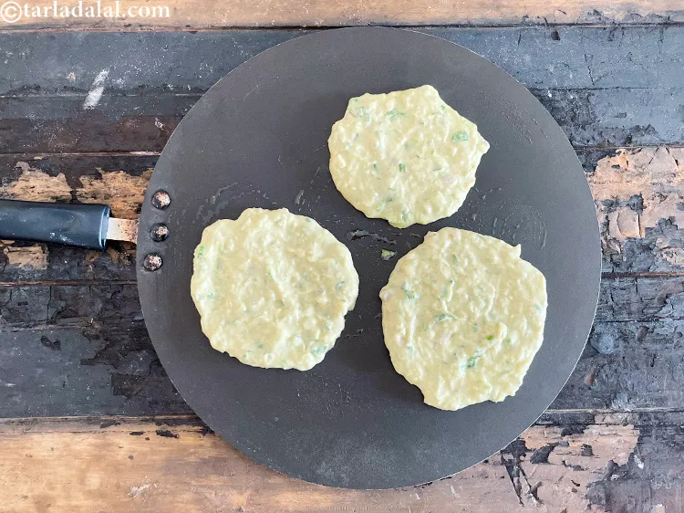 Step 37 – Pour the jowar pancake batter over the greased hot dosa tava. &nbsp;You would need about …