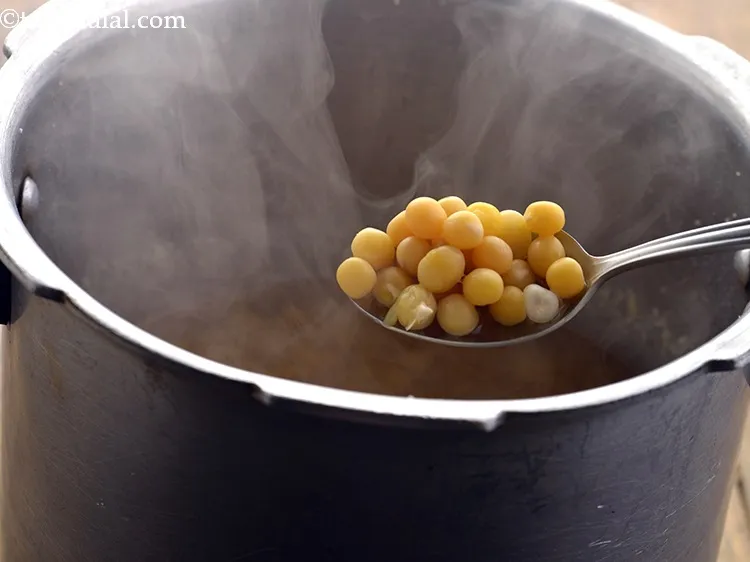 Step 9 – Pressure cook for 5-6 whistles or until the peas are soft. It is very important …