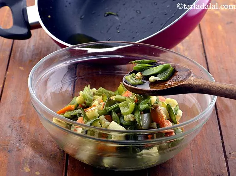 Step 19 – Switch off the flame, drain the vegetables in a bowl and keep aside.