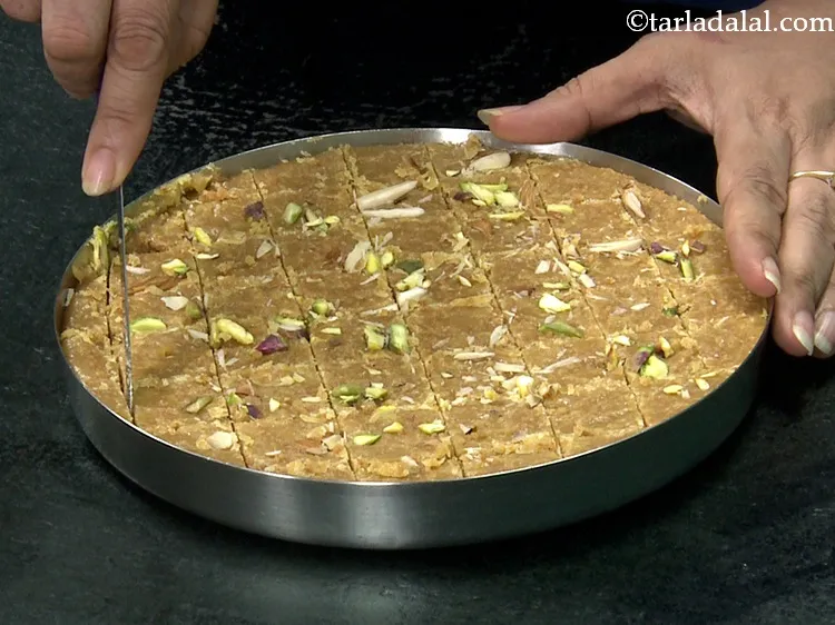 Step 36 – Cut the <strong>Gujarati</strong> <strong>Mohanthal</strong> equal sized pieces and serve or store in an air-tight container …