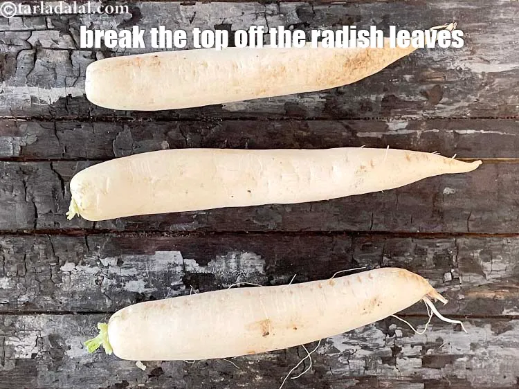 Step 4 – <meta charset="UTF-8" />Break the top off the mooli off with your fingers. So the radish …