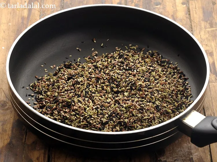 Step 15 – Transfer the mixture of <strong>4 seed healthy mukhwas</strong> into a broad non-stick pan.&nbsp;